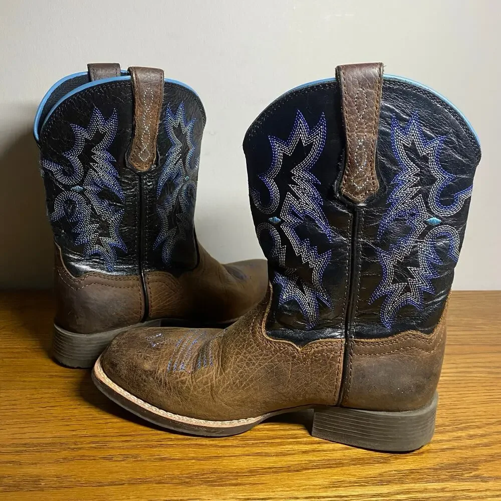 Ariat Tombstone Wide Square Toe Western Cowboy Boots Brown Blue Youth Boys Sz 1